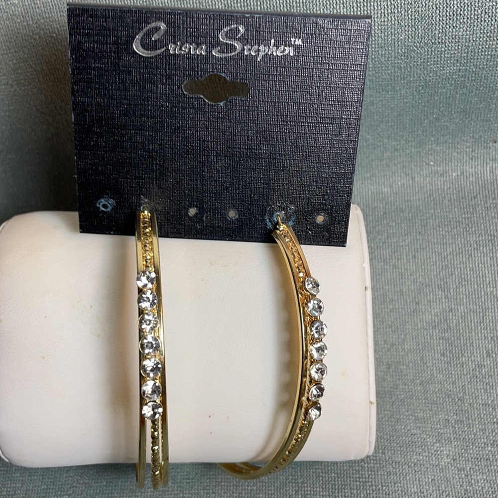 Cristia Stephen large Gold Tone Rhinestones Hoop Earrings